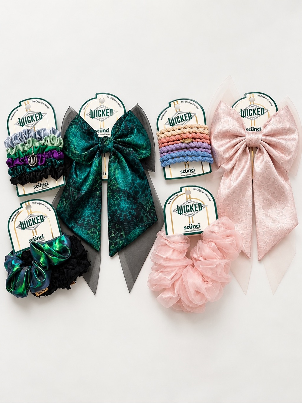WICKED x scünci Hair Accessories 6pc Bundle - Bows & Scrunchies – Pink & Green